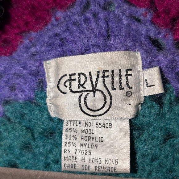 L (27" Ptp) • Vintage Cervelle • Colorful Crochet Collar Wool Blend Cardigan - Picture 3 of 4